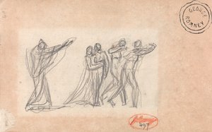 Pravděpodobně postava vyslovující kletbu nad skupinou od George Romney