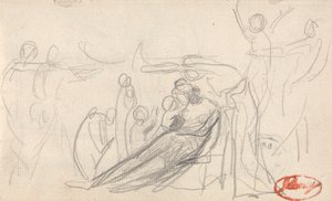 Ležící postava s dětmi a dalšími postavami od George Romney
