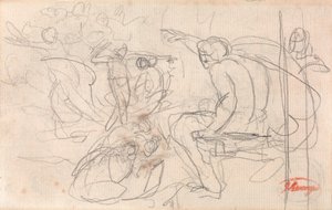 Sedící postava vynášející rozsudek nad klečící postavou od George Romney