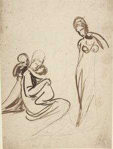 Sedící žena se dvěma dětmi a stojící žena od George Romney
