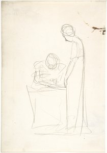 Studie dvou postav: jedna sedící, druhá stojící (recto). Studie hlavy hledící vzhůru (verso) od George Romney