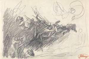 Tři grácie a démoni vysmívající se Kristu za „Pokušení Krista“ (grafit na tkaném papíře) od George Romney