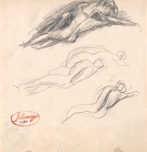 Tři skici spící postavy, pravděpodobně Adama a Evy, pro dílo „Satan odhalen u Evina ucha“ od George Romney