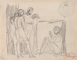 Tři stojící postavy před sedící postavou od George Romney