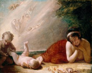 Titania, Puck a Vyměněný dítě z Shakespearovy hry „Sen noci svatojánské“ od George Romney