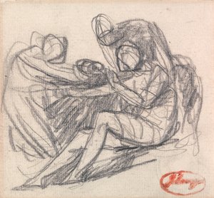 Dvě postavy pomáhající sedící postavě od George Romney