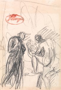 Dvě postavy, z nichž jedna je klečící mužský akt od George Romney
