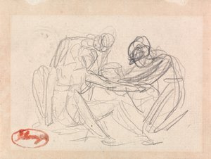 Dvě klečící postavy před sedící postavou od George Romney