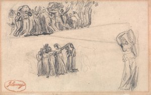 Dvě skici prchajících žen a dětí a stojící ženská postava hrající na tamburínu jako pro lady Anne Levesonovou v "Dancing Gower Children" od George Romney