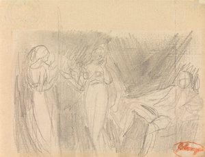 Dvě ženy a sedící muž od George Romney