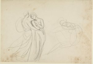 Dvě ženské postavy před sedící postavou, studie k dílu „Dvě dívky u věštkyně“ od George Romney