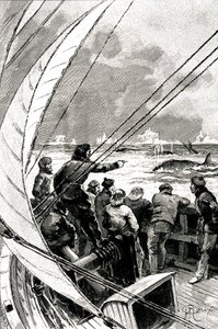 Na moři směrem k pólu: posádka lodi (plachetnice) vidí skupinu velryb. Ilustrace románu Julese Verna (1828-1905) "" Ledová sfinga "" od George Roux