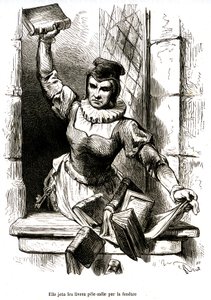 Guvernantka Dona Quijota vyhazuje knihy ze své knihovny z okna. od George Roux