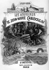 Frontispice románu Julese Verna "Les histoires de Jean-Marie Cabidoulin" (1901), Hetzel Collection/Extraordiaires, ilustrace George Roux. "Evokace námořních scén: harpunování velryby, útok mořského hada na loď". od George Roux