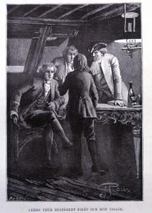 Scéna příběhu na náměstí s lodí: mladý Jim Hawkins před Dr. Livesey a Chevalier Trelawney - ve Stevensonově „L