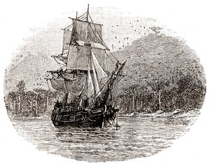 Loď Hispaniola kotví u ostrova od George Roux