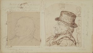 Studie králíků s překrývajícími se portréty Williama Blakea a Henryho Fuseliho (grafit a inkoust na papíře)