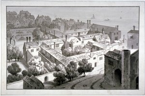 Pohled z ptačí perspektivy na palác biskupa z Winchesteru, Southwark, Londýn, c1820. od George Shepherd