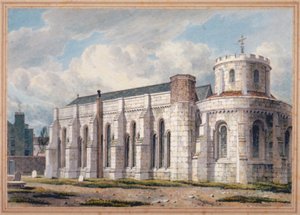 Pohled na chrám Temple Church přes hřbitov, City of London, 1811 od George Shepherd