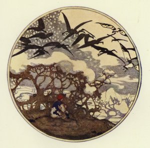 Sníh ležel hluboko na pláních a mnoho sněžných ptáků létalo kolem a hledalo potravu (barva litho) od George Sheringham