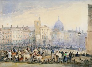 Pohled na Smithfield Market s postavami a zvířaty, City of London, 1824.
