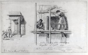 Stavba sloupoví na Newham Street a Middlesex Hospital, Londýn, 1833 a 1840 od George Snr Scharf