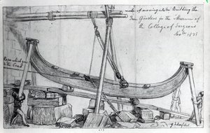 Přesouvání železných nosníků použité k výstavbě Hunterian Museum na Royal College of Surgeons, 1835 od George Snr Scharf