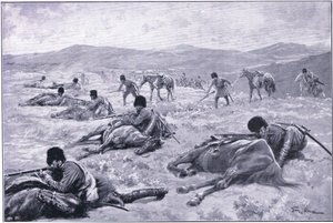 Kozák a jeho kůň: zařízení pro zajištění krytu během šarvátky, ilustrace z Cassells History of the Russo-Japanese War Vol 1, c.1900 od George Soper