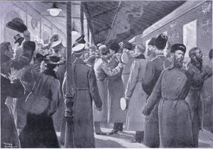 Car se loučí s důstojníky císařské gardy, ilustrace zCassells History of the Russo-Japanese War Vol. 1, cca 1900. od George Soper