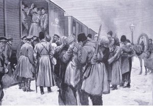 Odjezd ruských jednotek na Dálný východ, ilustrace z Cassells Historie rusko-japonské války Vol 1, kolem roku 1900 od George Soper