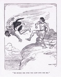 Kopl ho přes útes v moři, z The Heroes vydané Georgem Allenem a Unwinem 1929 (barevné litho) od George Soper