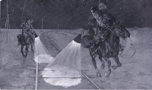 Na mandžuské železnici: Noční hlídka, ilustrace z Cassells Historie rusko-japonské války Vol 1, kolem roku 1900 od George Soper