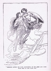 Perseus zvedl svou krásnou Andromedu do náruče a uprchl s ní na vrcholky útesů, z knihy Heroes vydané Georgem Allenem a Unwinem 1929 od George Soper