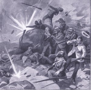 Poslední stání johannesburské policie v Bergendalu, ilustrace z Po Pretorii: Guerilla War, 1902
