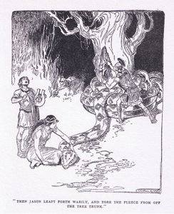 Pak Jason unaveně vyskočil a strhl rouno z kmene stromu z knihy The Heroes vydané Georgem Allenem a Unwinem 1929 (litho) od George Soper