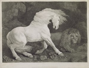 Kůň vystrašený lvem, rytina umělce, hospoda. 1788 od George Stubbs