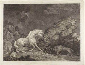 Kůň vystrašený lvem od George Stubbs