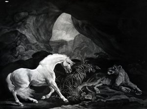 Kůň vyplašený lvicí, vyrytý Benjamin Green, 1774
