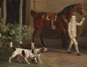 Detail od Williama Henryho Cavendishe Bentincka, 3. vévody z Portlandu před jezdeckými stájemi Welbeck Abbey, 1766-7 od George Stubbs