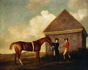 „Eclipse“, dostihový kůň z tmavého kaštanu držený ženichem, s žokejem, možná Jackem Oakleym, v Rubbing Down House v Newmarketu, 1770 od George Stubbs