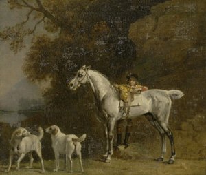 Lovec s šedým lovcem a dvěma foxhoundy: detaily z obrázku Goodwood 