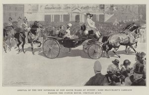 Příjezd nového guvernéra Nového Jižního Walesu do Sydney, kočár lorda Beauchampa projíždí kolem celnice na Circular Quay od George Washington Lambert