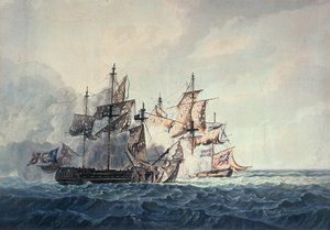 Akce mezi šalupou Jeho Veličenstva Bonne Citoyenne a francouzskou fregatou La Furieuse 6. července 1809 na Západních ostrovech, vyryla R und D Havellem, vydal Robert Cribb v roce 1810