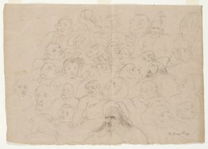 Untitled - Četné portrétní skici, zhruba nakreslené, mužů, žen a dětí (tužka na papíře)