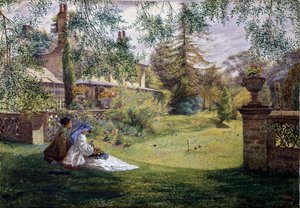 Letní odpoledne. Letní odpoledne: dvě mladé ženy sedí na trávě v zahradě. Naproti nim je kriketové hřiště. Obraz od George Williama Motea (1832-1909, Velká Británie). Prerafaelismus (prerafaelitské umění). Soukromá sbírka od George William Mote