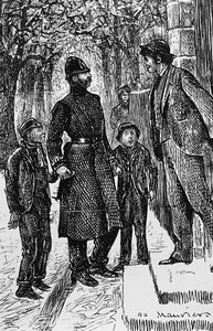 Londýnský policista předvádí dva pouliční Araby pánovi, před jehož prahem dělají klouzačku na ledě od George du Maurier