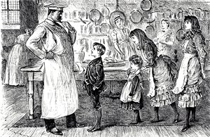 Karikatura zobrazující kuchaře, který přijímá objednávky od dětí z domu. Ilustroval George du Maurier (1834-1896), francouzsko-britský karikaturista a spisovatel od George du Maurier