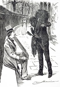Karikatura zachycující kominíka, jak nosí své kartáče ulicemi Londýna. Ilustroval George du Maurier (1834-1896), francouzsko-britský karikaturista a spisovatel od George du Maurier