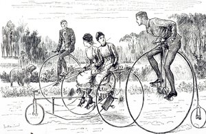 Karikatura zobrazující skupinu mladých lidí na tříkolkách. Ilustrovaný George du Maurier (1834-1896), francouzsko-britský karikaturista a autor od George du Maurier