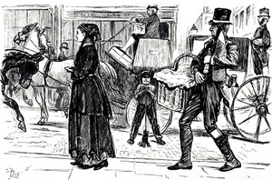 Karikatura zobrazující počátky družstevních obchodů. Ilustroval George du Maurier (1834-1896), francouzsko-britský karikaturista a spisovatel